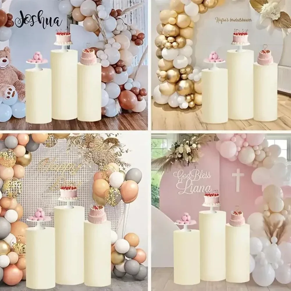5 Cylinder Pedestal Fitted Spandex STAND COVERS Set Party Decoration beige ivory